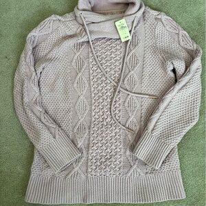 LL Bean Women’s Fisherman Sweater Cotton Funnel Neck Pockets Cable Knit Xs